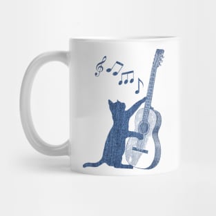 Cat playing guitar, denim Mug